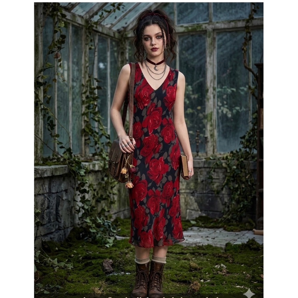 Vintage Red Rose Floral Silk Beaded Slip Midi Dress L Whimsigoth Y2K 90s Goth